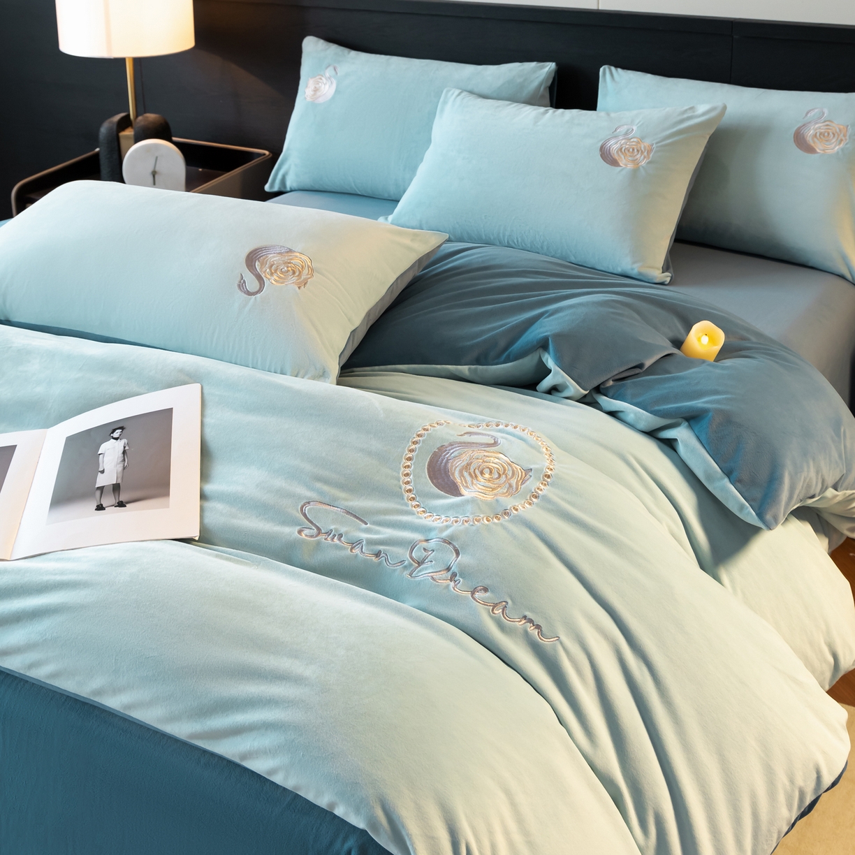 91家纺网 家纺一手货源 找家纺 如一 2025新款水晶绒双拼刺绣四件套天鹅系列 天鹅-梵星兰