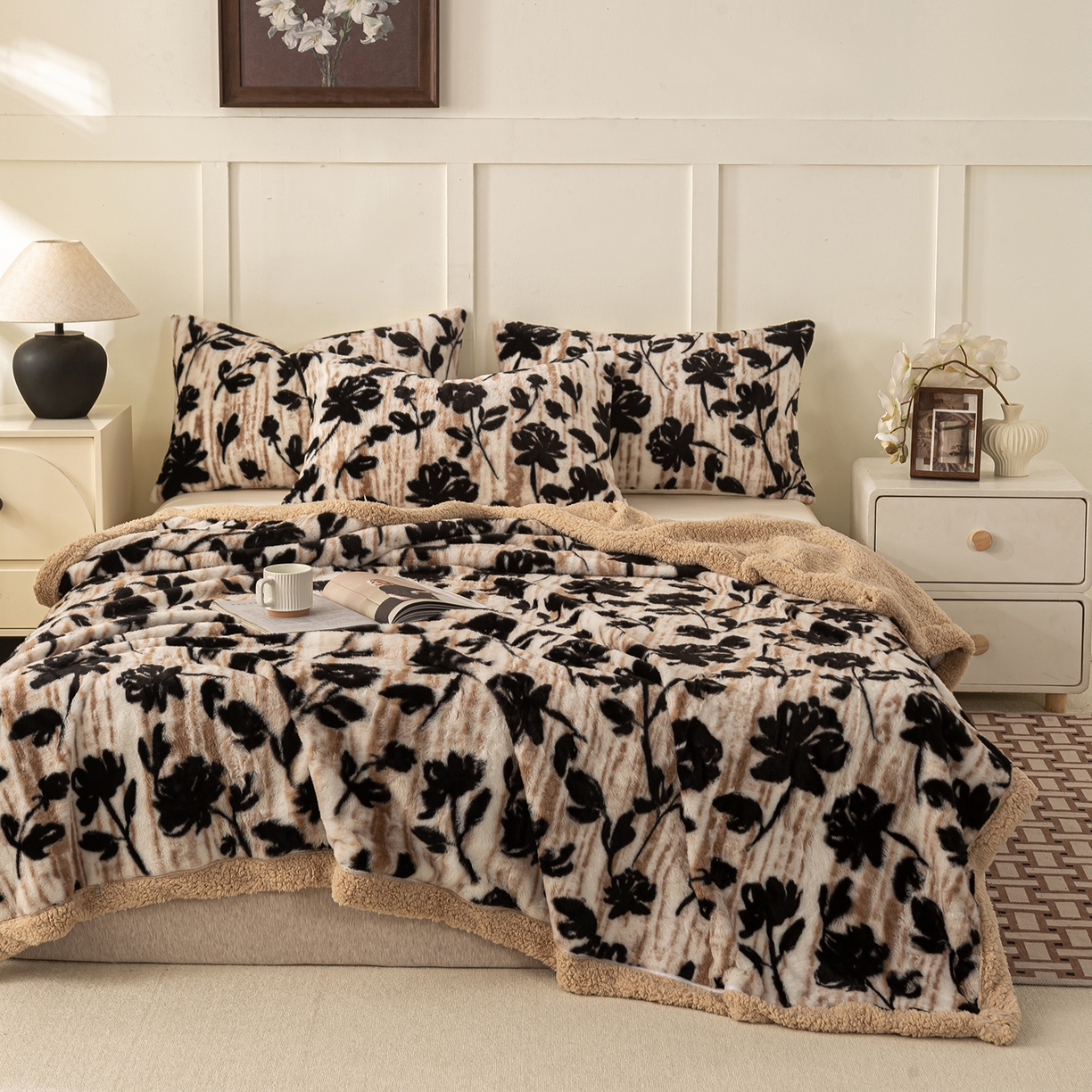 91家纺网 家纺一手货源 找家纺 眠势力 2025新款兔毛绒毛毯冬季加绒加厚盖毯兔兔绒保暖毯子带拉链-美拉德系列 墨韵【兔毛绒毛毯拉链款】