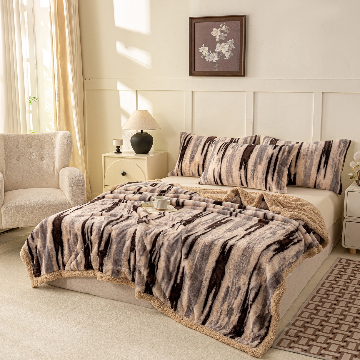 91家纺网 家纺一手货源 找家纺 眠势力 2025新款兔毛绒毛毯冬季加绒加厚盖毯兔兔绒保暖毯子带拉链-美拉德系列 猎影绒光【兔毛绒毛毯拉链款】