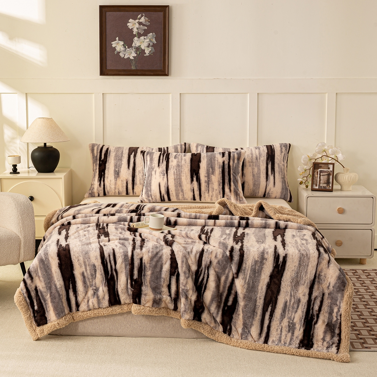 91家纺网 家纺一手货源 找家纺 眠势力 2025新款兔毛绒毛毯冬季加绒加厚盖毯兔兔绒保暖毯子带拉链-美拉德系列 猎影绒光【兔毛绒毛毯拉链款】