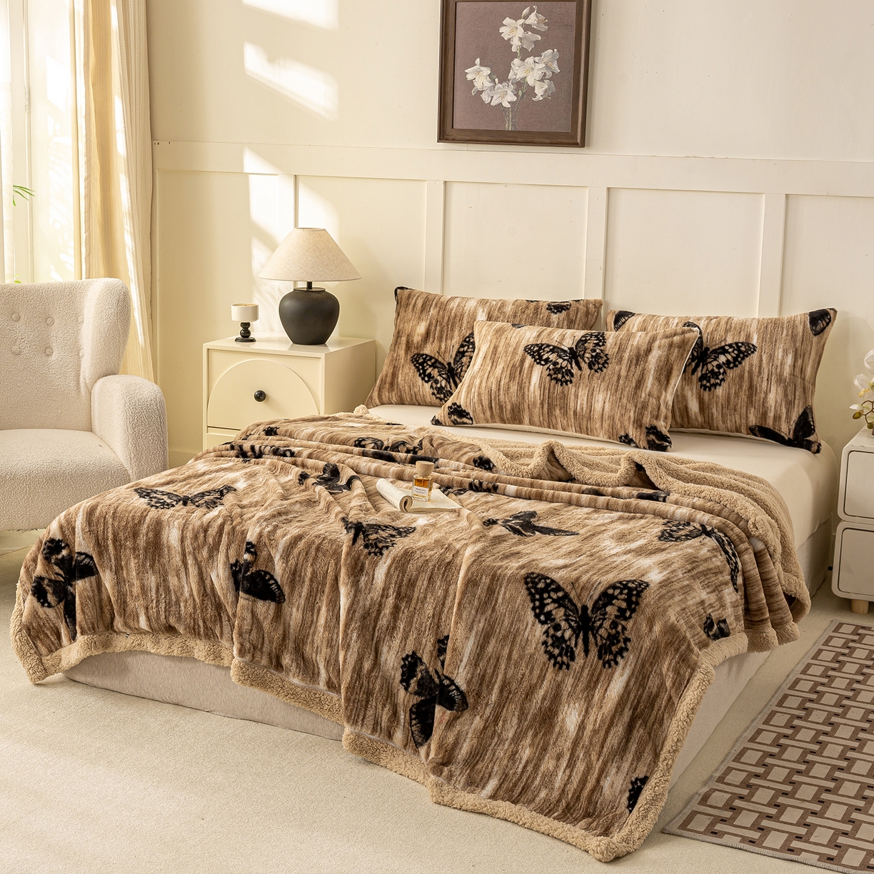 91家纺网 家纺一手货源 找家纺 眠势力 2025新款兔毛绒毛毯冬季加绒加厚盖毯兔兔绒保暖毯子带拉链-美拉德系列 蝶绒梦境【兔毛绒毛毯拉链款】