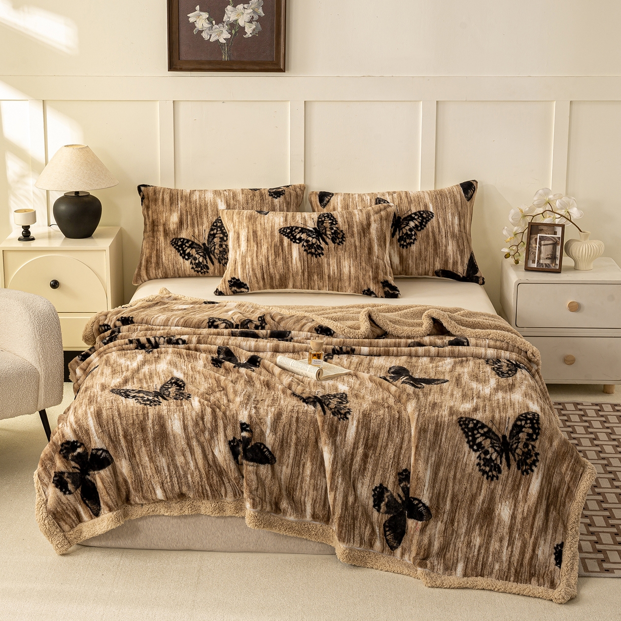 91家纺网 家纺一手货源 找家纺 眠势力 2025新款兔毛绒毛毯冬季加绒加厚盖毯兔兔绒保暖毯子带拉链-美拉德系列 蝶绒梦境【兔毛绒毛毯拉链款】