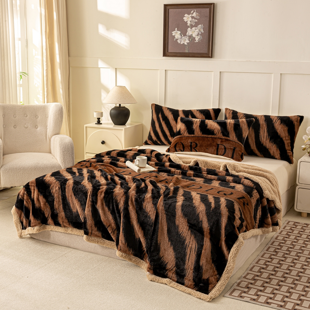 91家纺网 家纺一手货源 找家纺 眠势力 2025新款兔毛绒毛毯冬季加绒加厚盖毯兔兔绒保暖毯子带拉链-美拉德系列 巴黎午后-咖【兔毛绒毛毯拉链款】