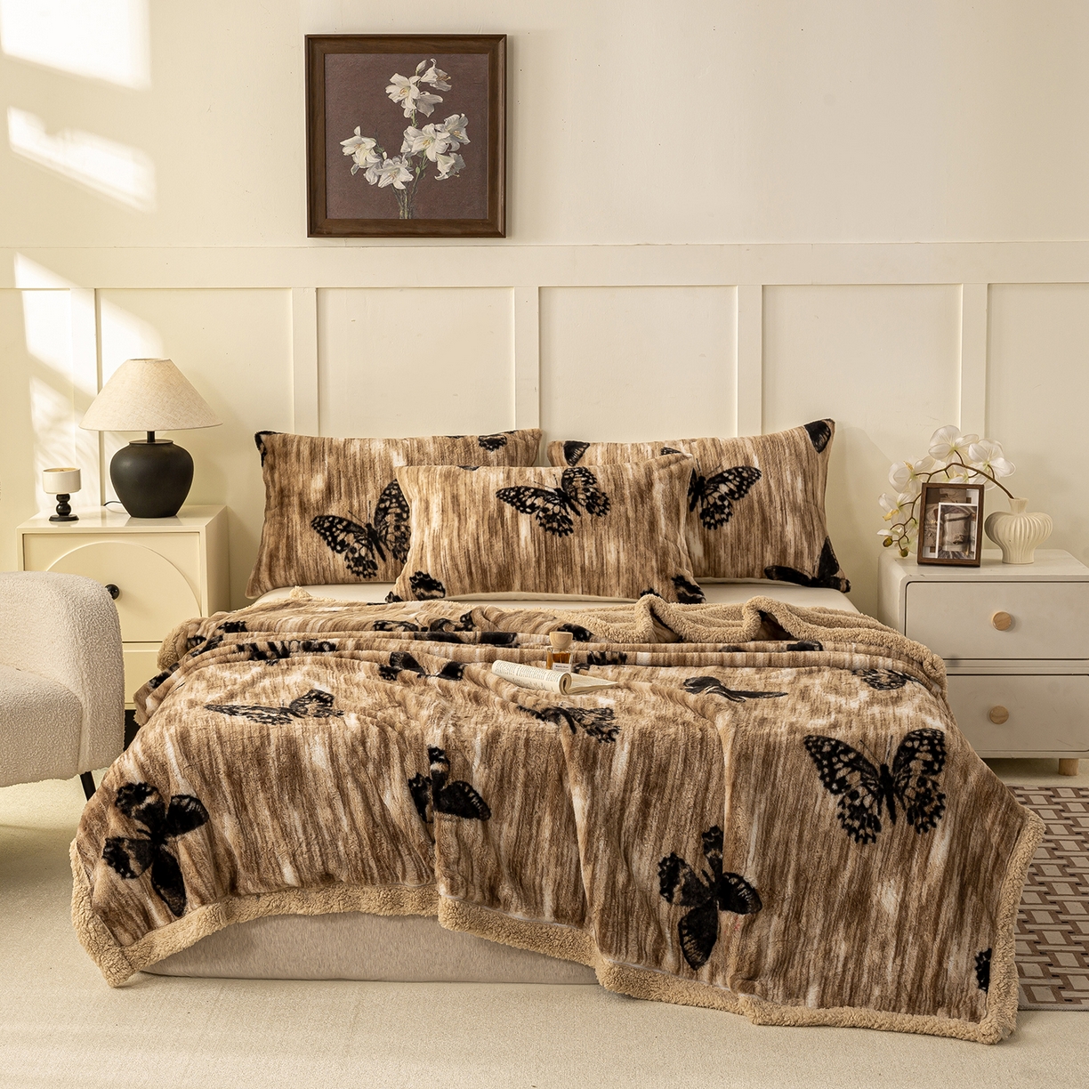 91家纺网 家纺一手货源 找家纺 眠势力 2025新款兔毛绒毛毯冬季加绒加厚盖毯兔兔绒保暖毯子带拉链-美拉德系列 蝶绒梦境【兔毛绒毛毯拉链款】