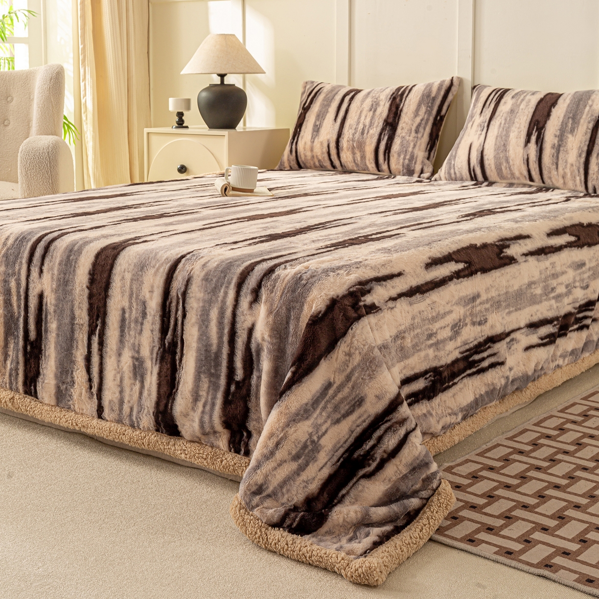 91家纺网 家纺一手货源 找家纺 眠势力 2025新款兔毛绒毛毯冬季加绒加厚盖毯兔兔绒保暖毯子带拉链-美拉德系列 猎影绒光【兔毛绒毛毯拉链款】