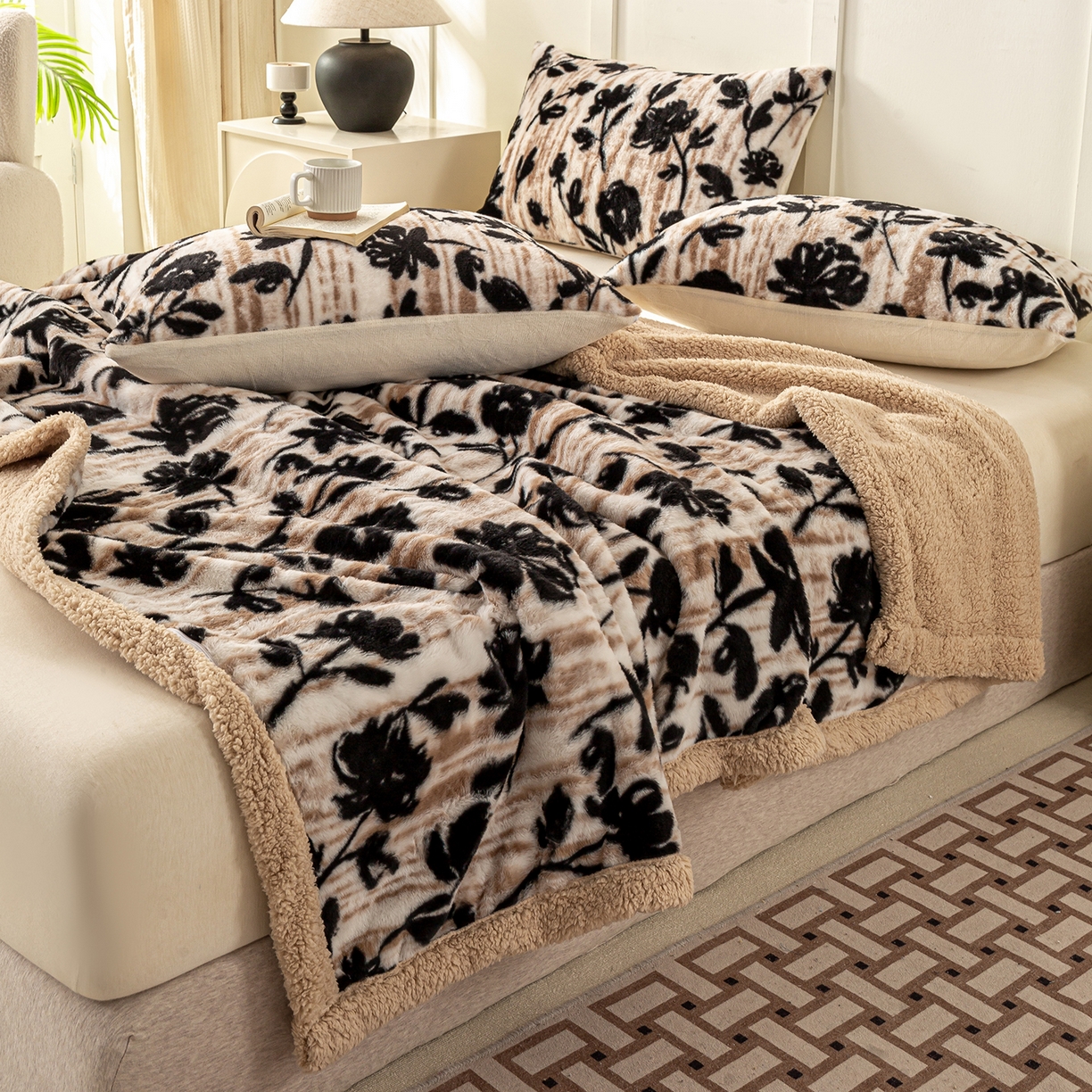 91家纺网 家纺一手货源 找家纺 眠势力 2025新款兔毛绒毛毯冬季加绒加厚盖毯兔兔绒保暖毯子带拉链-美拉德系列 墨韵【兔毛绒毛毯拉链款】