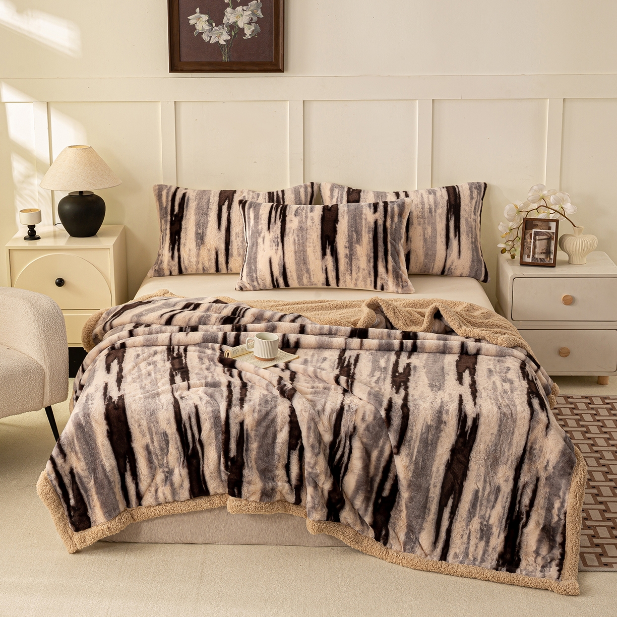 91家纺网 家纺一手货源 找家纺 眠势力 2025新款兔毛绒毛毯冬季加绒加厚盖毯兔兔绒保暖毯子带拉链-美拉德系列 猎影绒光【兔毛绒毛毯拉链款】