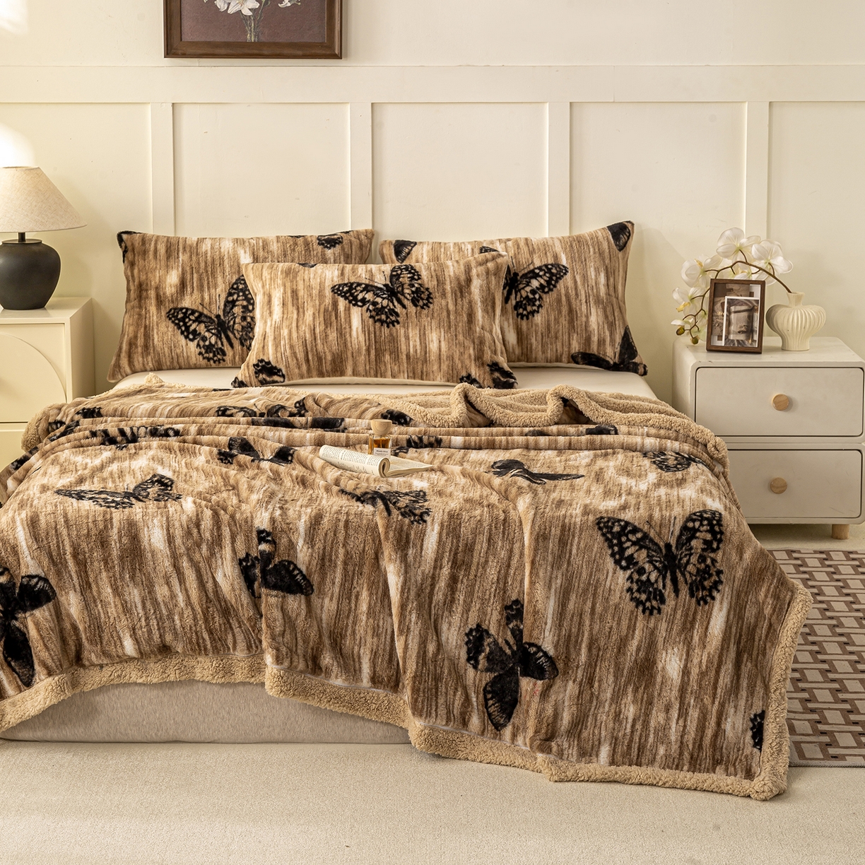 91家纺网 家纺一手货源 找家纺 眠势力 2025新款兔毛绒毛毯冬季加绒加厚盖毯兔兔绒保暖毯子带拉链-美拉德系列 蝶绒梦境【兔毛绒毛毯拉链款】