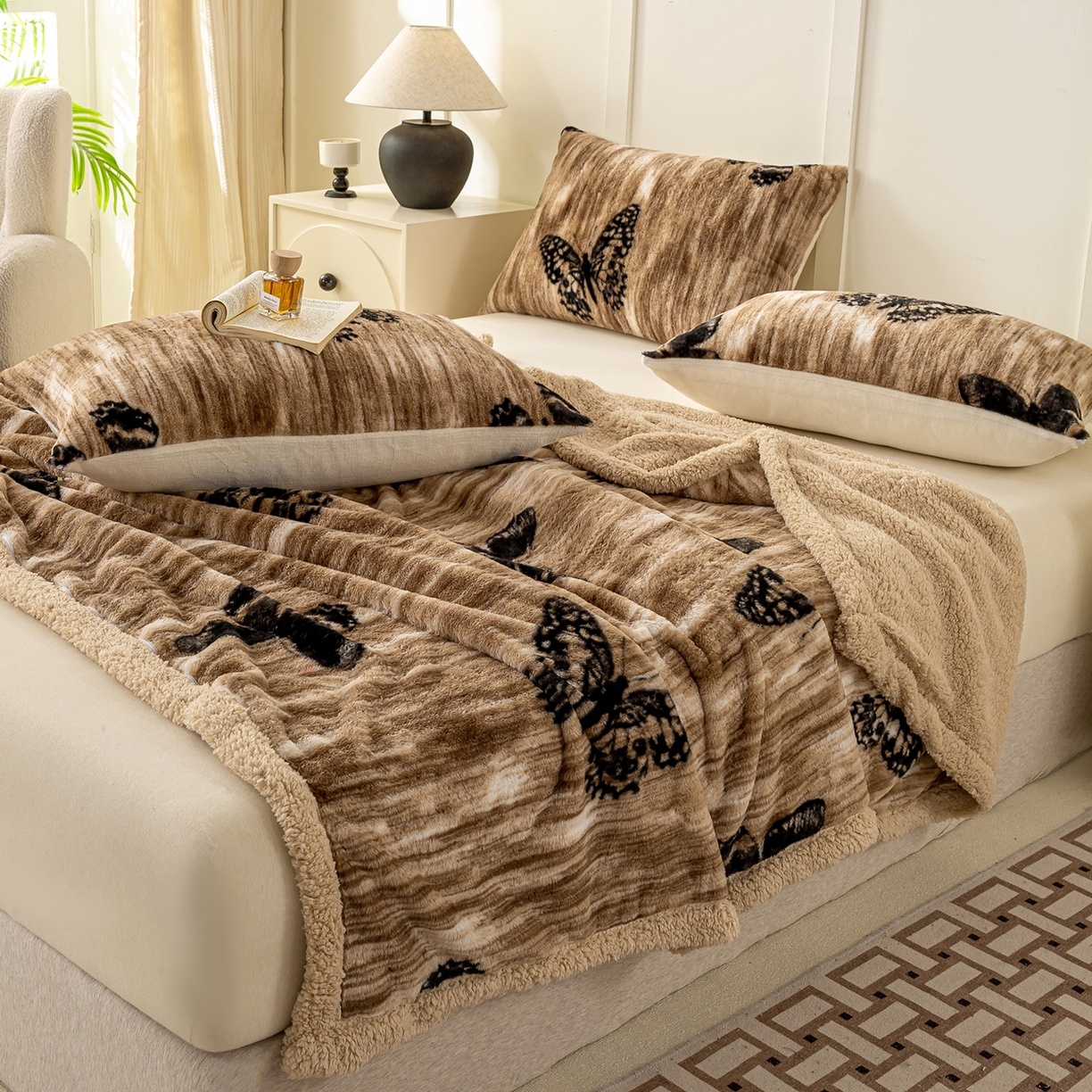 91家纺网 家纺一手货源 找家纺 眠势力 2025新款兔毛绒毛毯冬季加绒加厚盖毯兔兔绒保暖毯子带拉链-美拉德系列 蝶绒梦境【兔毛绒毛毯拉链款】