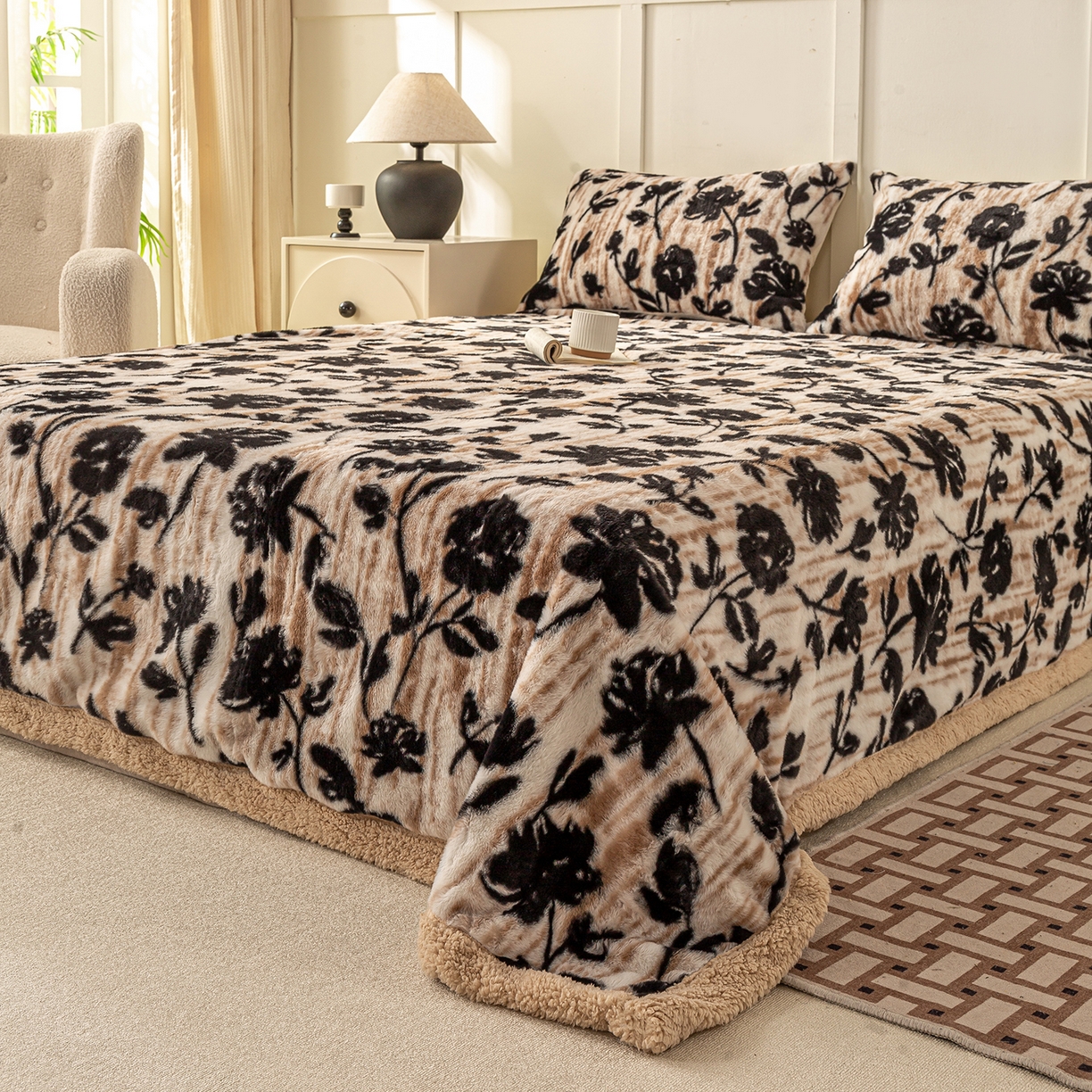 91家纺网 家纺一手货源 找家纺 眠势力 2025新款兔毛绒毛毯冬季加绒加厚盖毯兔兔绒保暖毯子带拉链-美拉德系列 墨韵【兔毛绒毛毯拉链款】