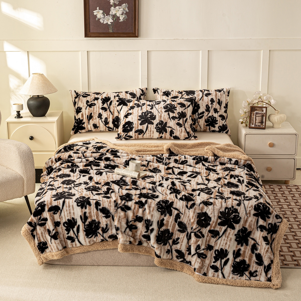 91家纺网 家纺一手货源 找家纺 眠势力 2025新款兔毛绒毛毯冬季加绒加厚盖毯兔兔绒保暖毯子带拉链-美拉德系列 墨韵【兔毛绒毛毯拉链款】