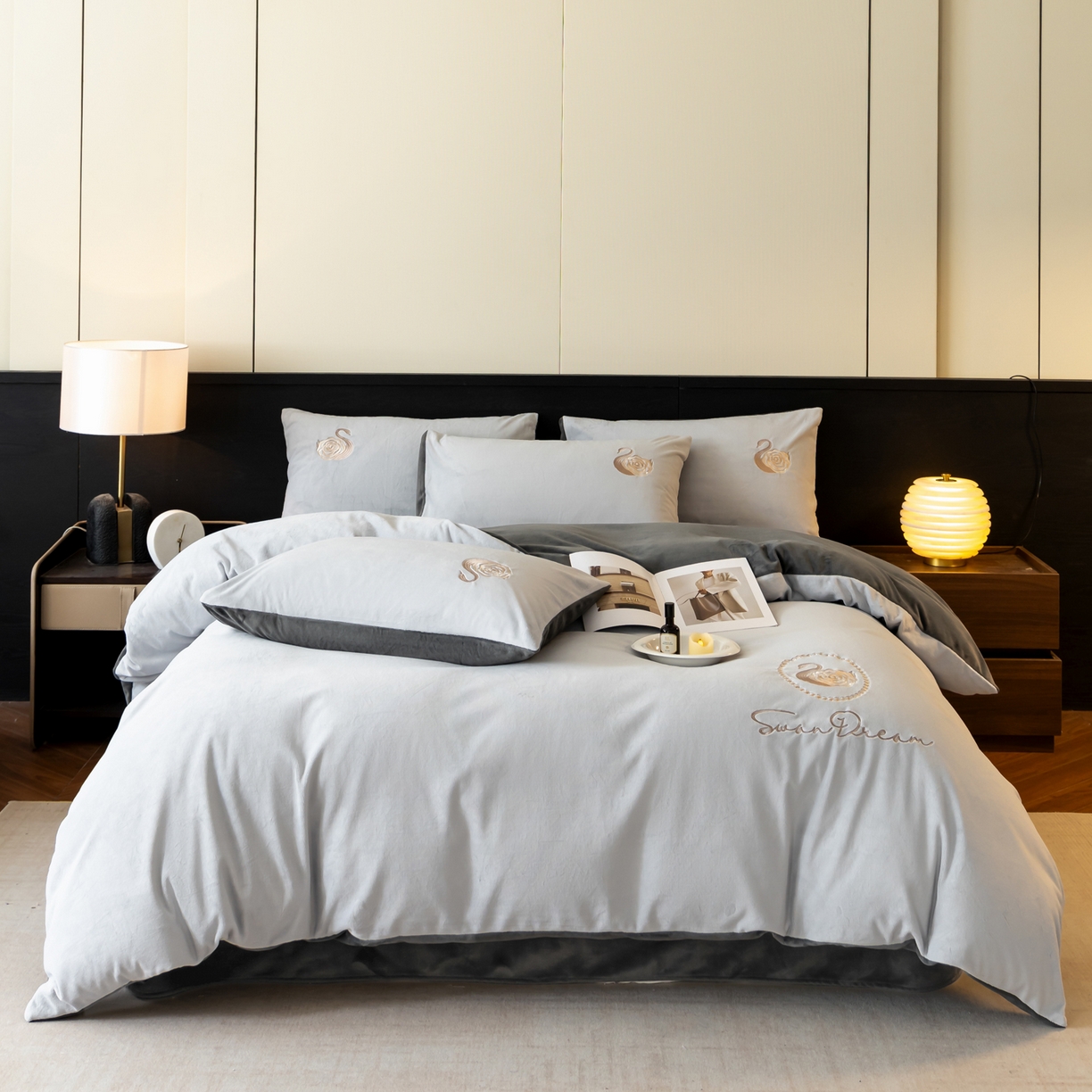 91家纺网 家纺一手货源 找家纺 如一 2025新款水晶绒双拼刺绣四件套天鹅系列 天鹅-星辰银