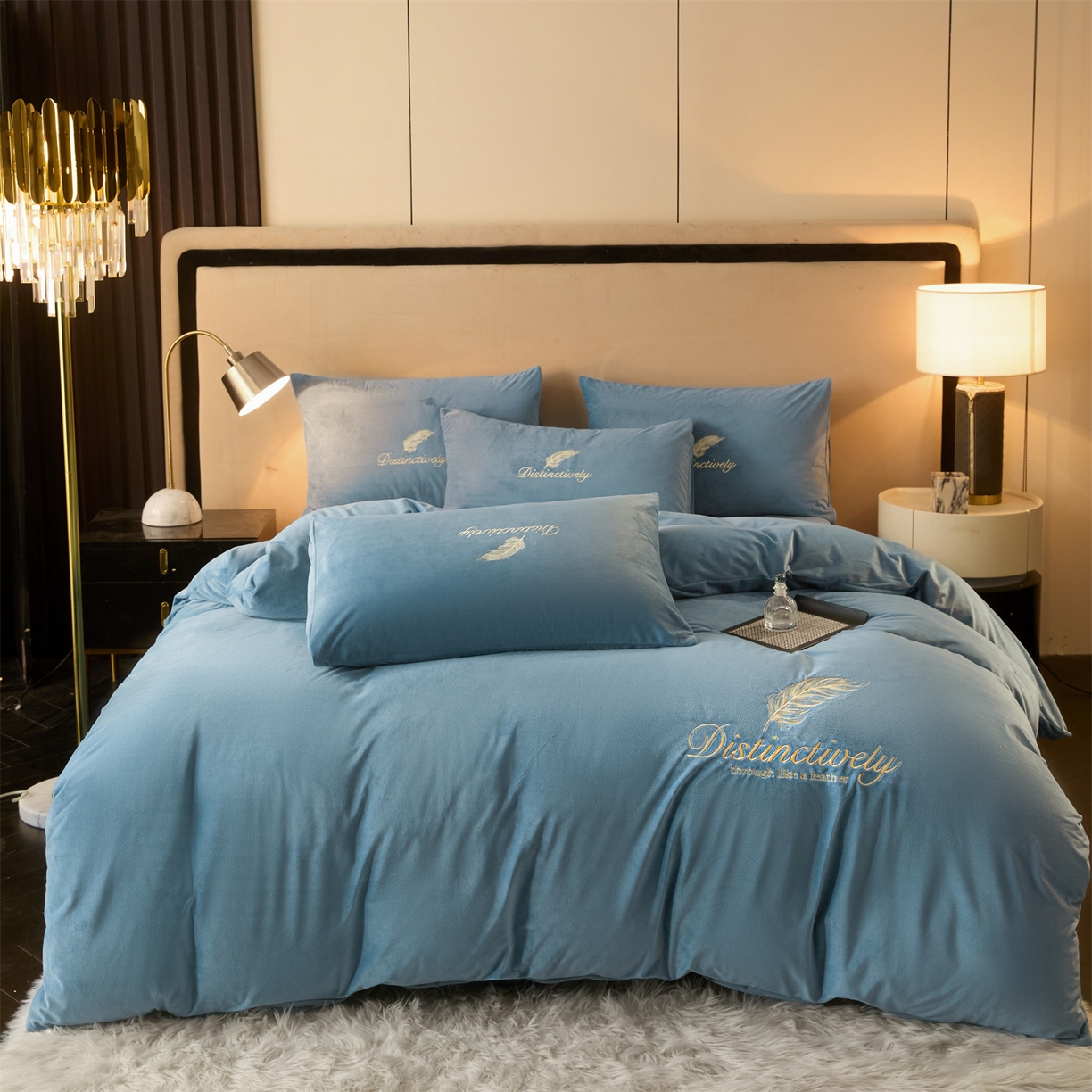 91家纺网 家纺一手货源 找家纺 云棉坊 2025新款高克重水晶绒绣花四件套-羽梦系列 羽梦-宾利蓝