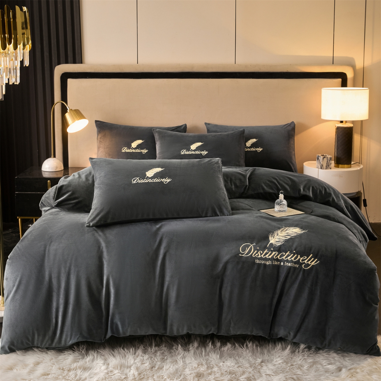 91家纺网 家纺一手货源 找家纺 云棉坊 2025新款高克重水晶绒绣花四件套-羽梦系列 羽梦-高级灰