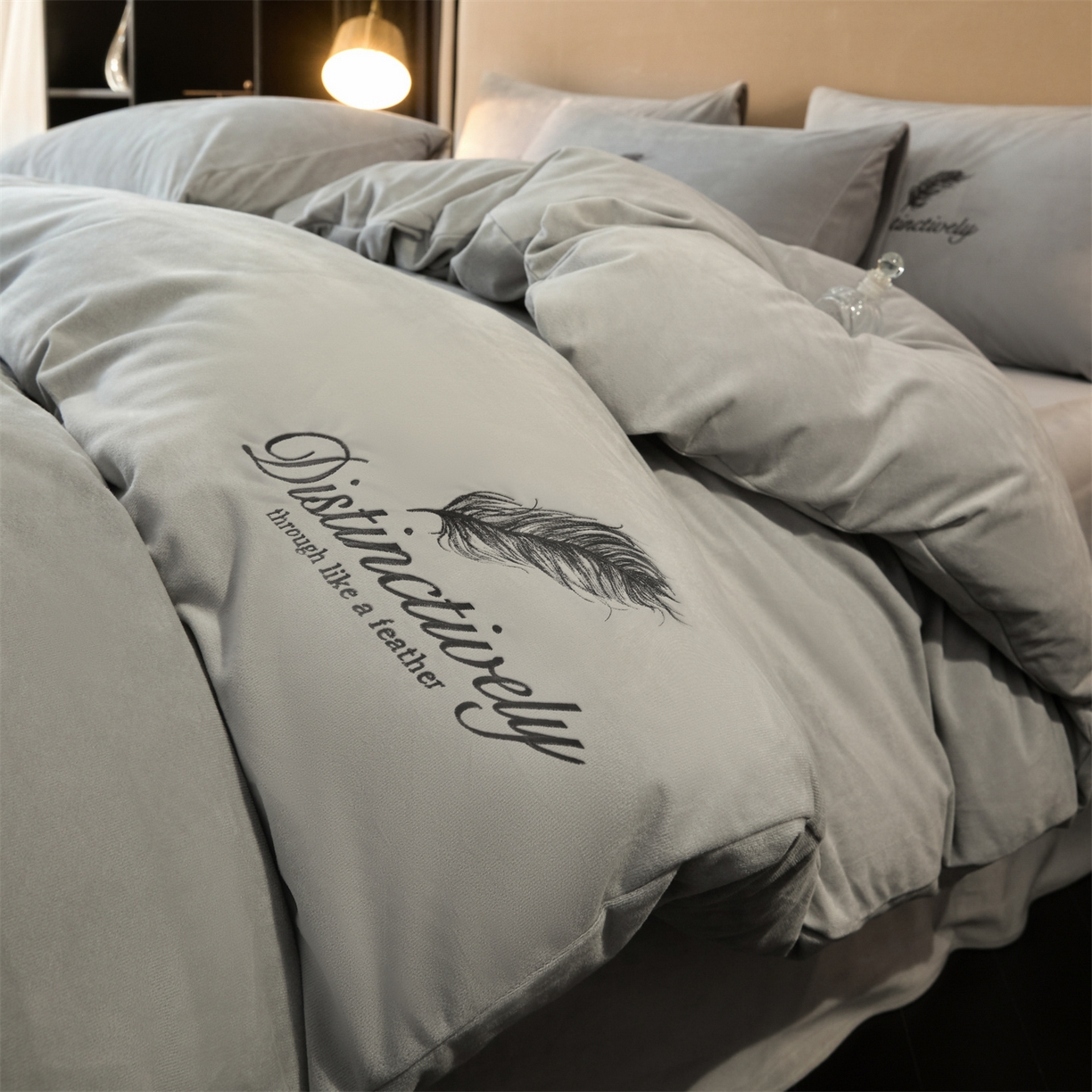 云棉坊 2025新款高克重水晶绒绣花四件套-羽梦系列 羽梦-山灰