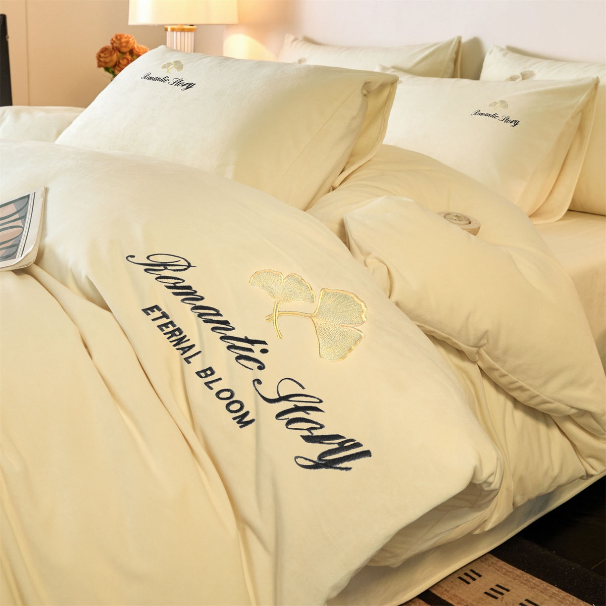 91家纺网 家纺一手货源 找家纺 （总）云棉坊 2025新款高克重水晶绒绣花四件套-杏叶系列