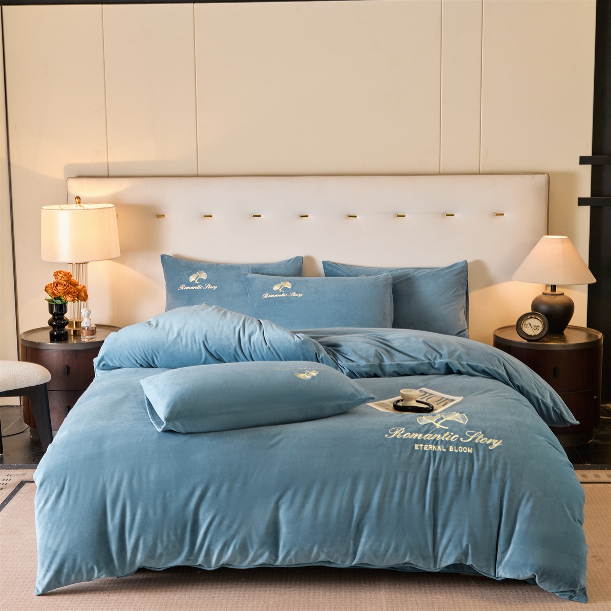 91家纺网 家纺一手货源 找家纺 （总）云棉坊 2025新款高克重水晶绒绣花四件套-杏叶系列