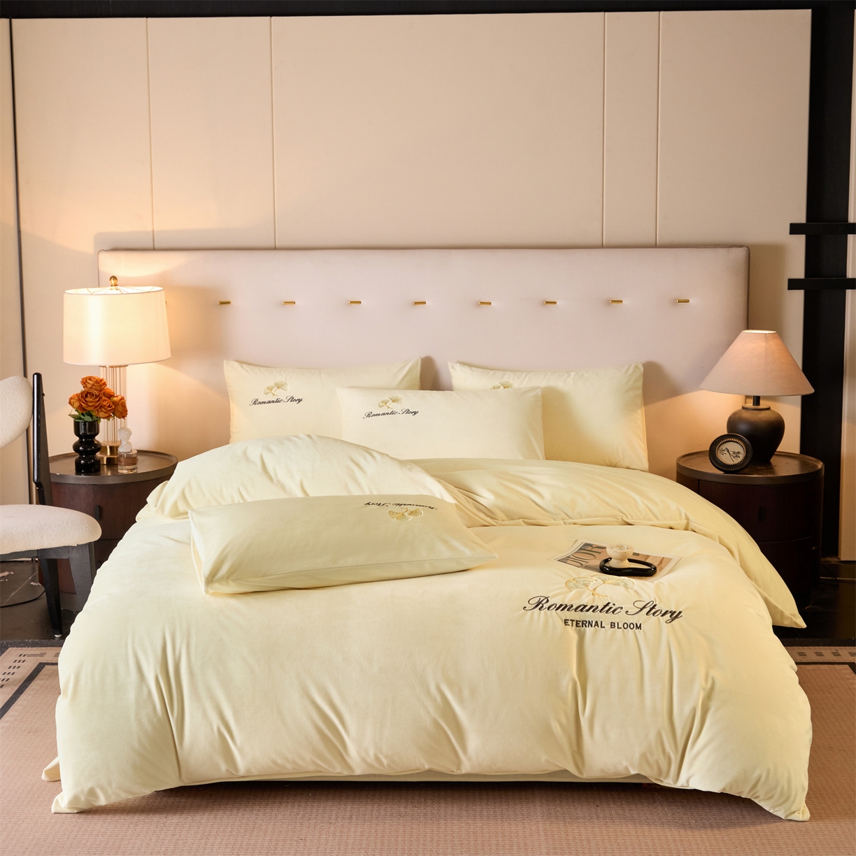 91家纺网 家纺一手货源 找家纺 云棉坊 2025新款高克重水晶绒绣花四件套-杏叶系列 杏叶-奶白