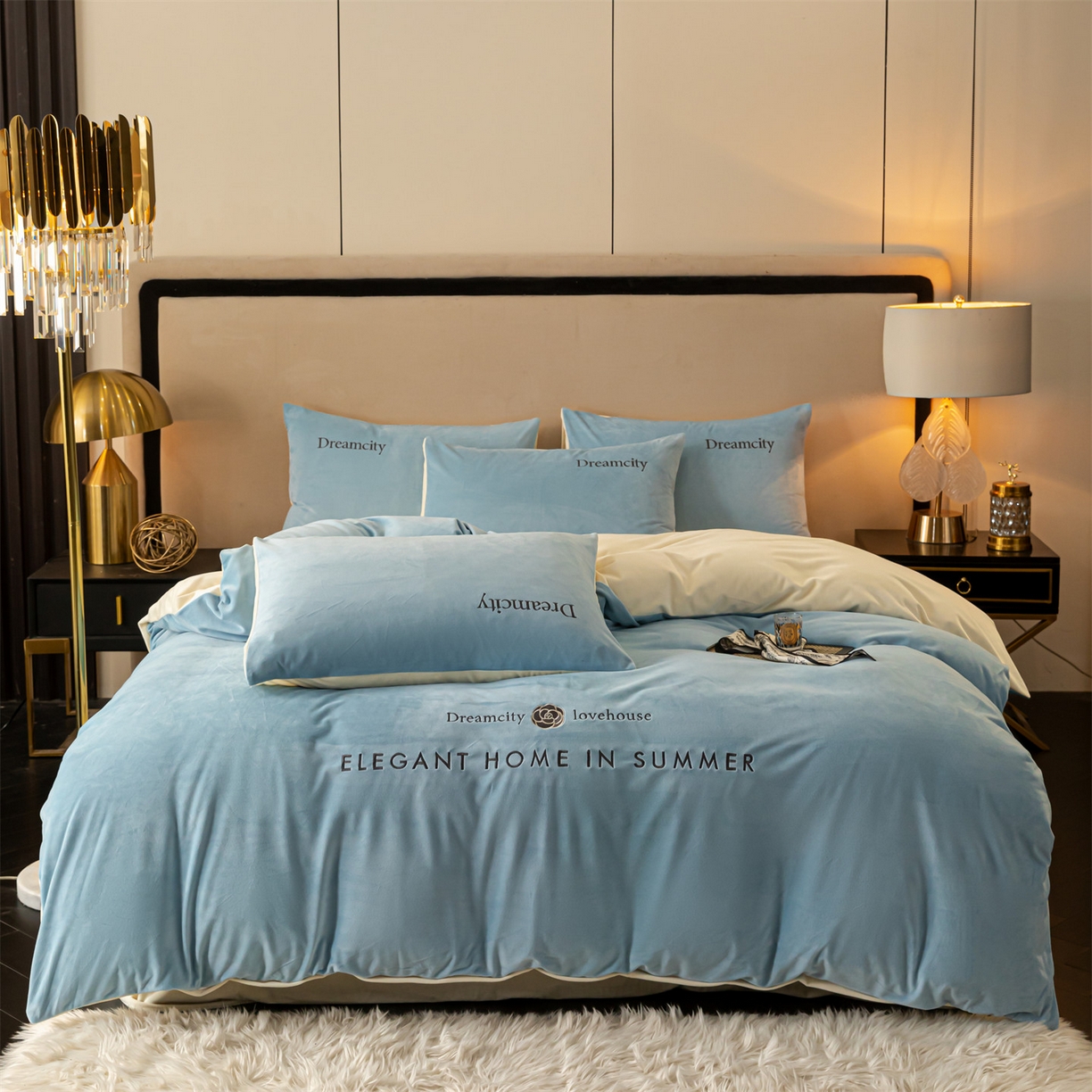 91家纺网 家纺一手货源 找家纺 云棉坊 2025新款高克重水晶绒绣花四件套-暗香系列 暗香-天空兰