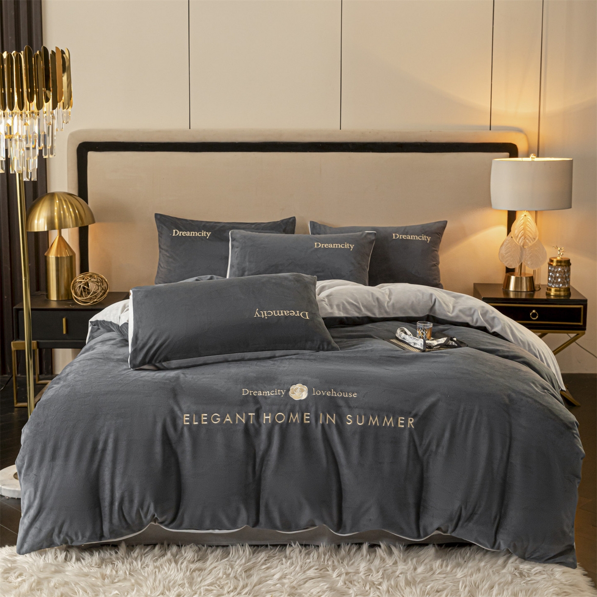 91家纺网 家纺一手货源 找家纺 云棉坊 2025新款高克重水晶绒绣花四件套-暗香系列 暗香-高级灰