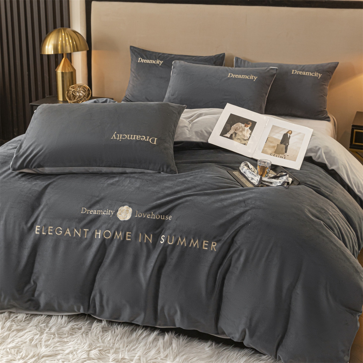 云棉坊 2025新款高克重水晶绒绣花四件套-暗香系列 暗香-高级灰