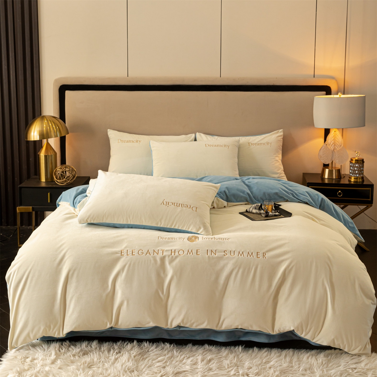 91家纺网 家纺一手货源 找家纺 云棉坊 2025新款高克重水晶绒绣花四件套-暗香系列 暗香-奶白兰