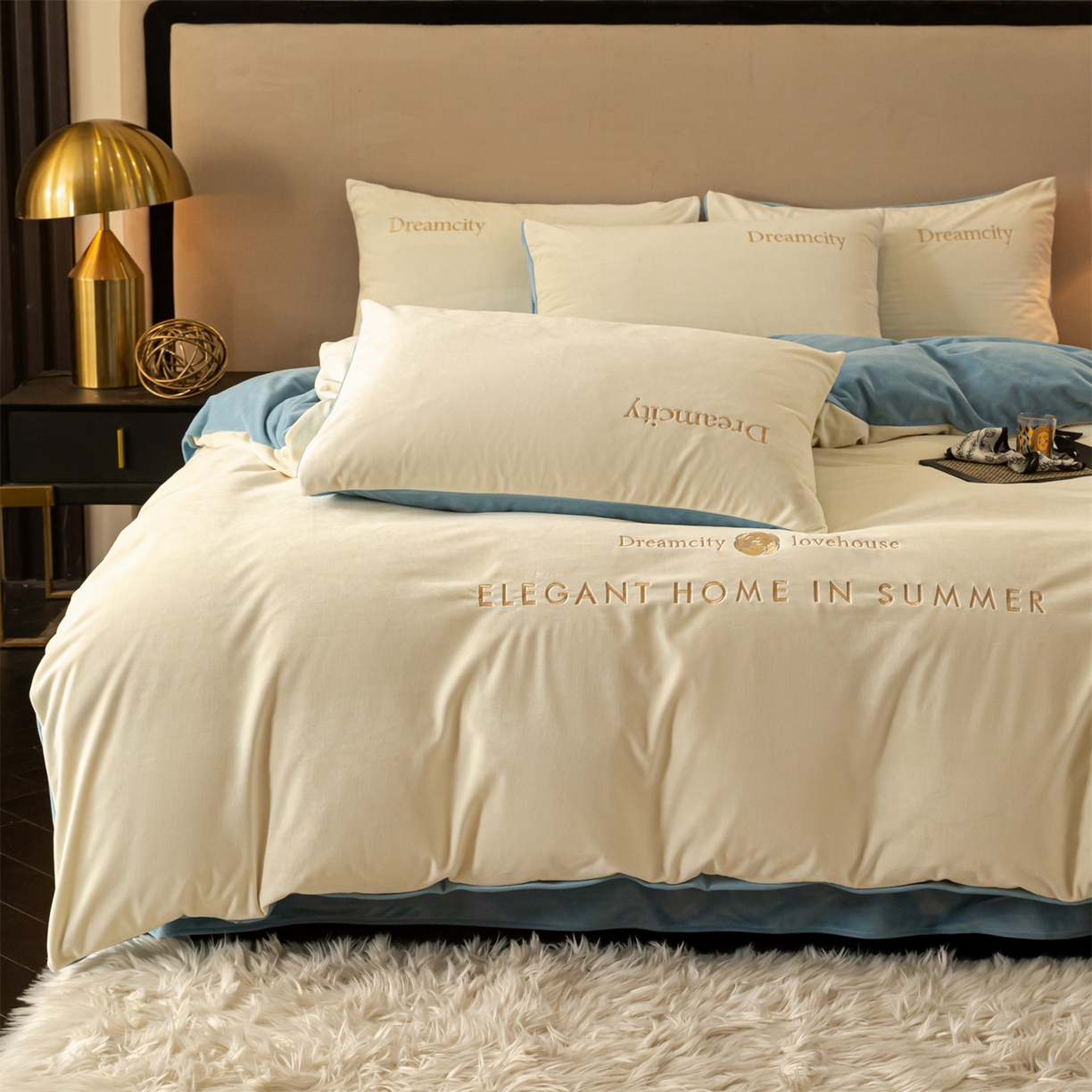 91家纺网 家纺一手货源 找家纺 云棉坊 2025新款高克重水晶绒绣花四件套-暗香系列 暗香-奶白兰