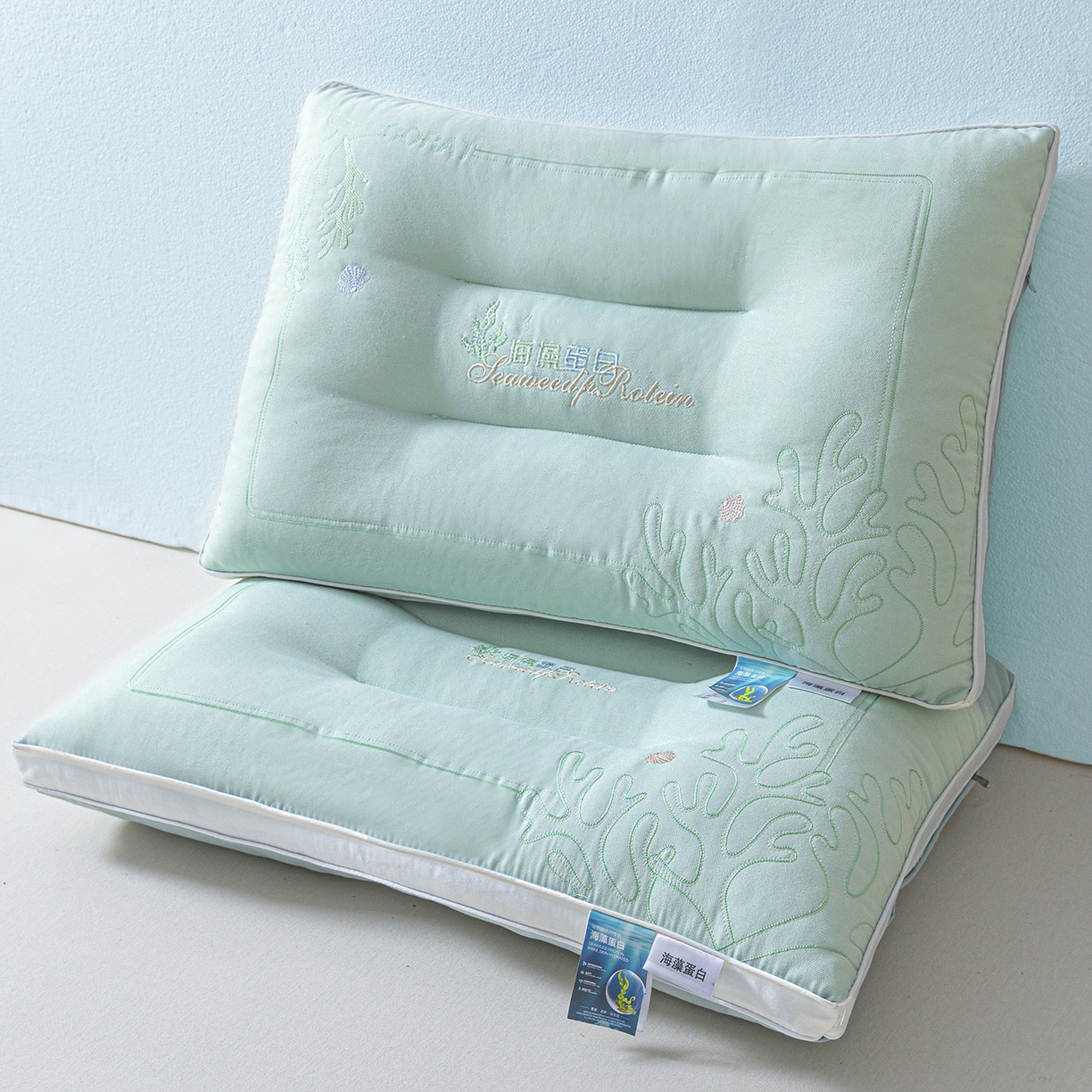 91家纺网 家纺一手货源 找家纺 宇诺家纺 2025新款刺绣款超柔软枕头枕芯家用单个成人护颈椎助深度睡眠枕芯 薄荷绿
