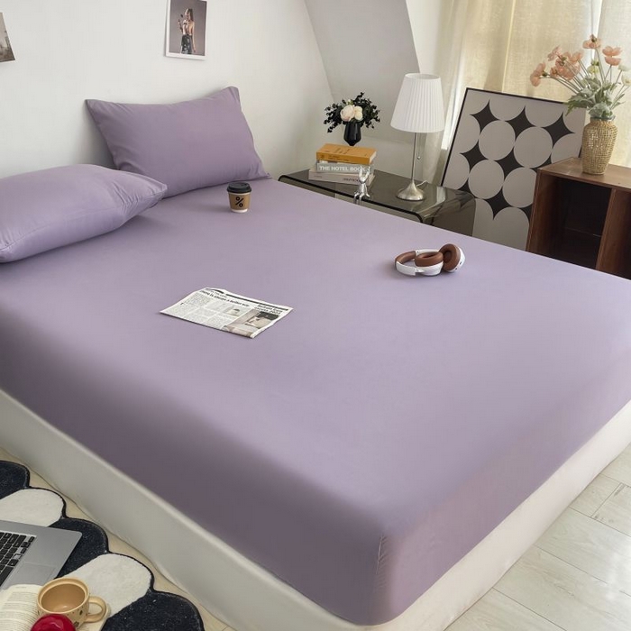 91家纺网 家纺一手货源 找家纺 汣沐生活 2025新款简约素色云朵棉可水洗纯色床笠单件三件套 豆沙紫