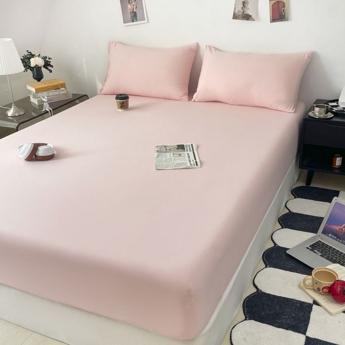 汣沐生活 2025新款简约素色云朵棉可水洗纯色床笠单件三件套 藕粉