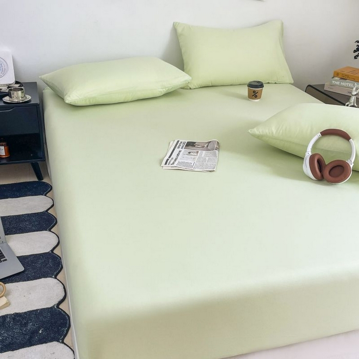 91家纺网 家纺一手货源 找家纺 汣沐生活 2025新款简约素色云朵棉可水洗纯色床笠单件三件套 薄荷绿