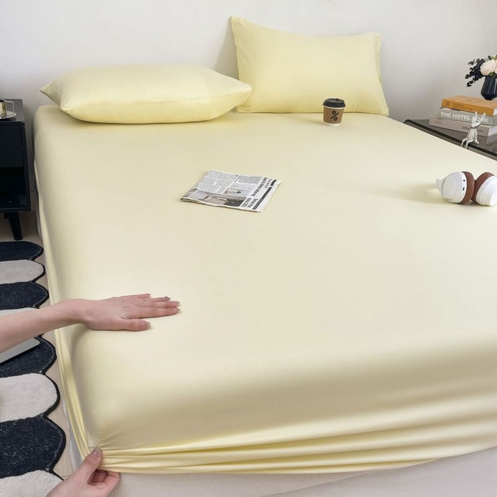 91家纺网 家纺一手货源 找家纺 汣沐生活 2025新款简约素色云朵棉可水洗纯色床笠单件三件套 麦芽黄