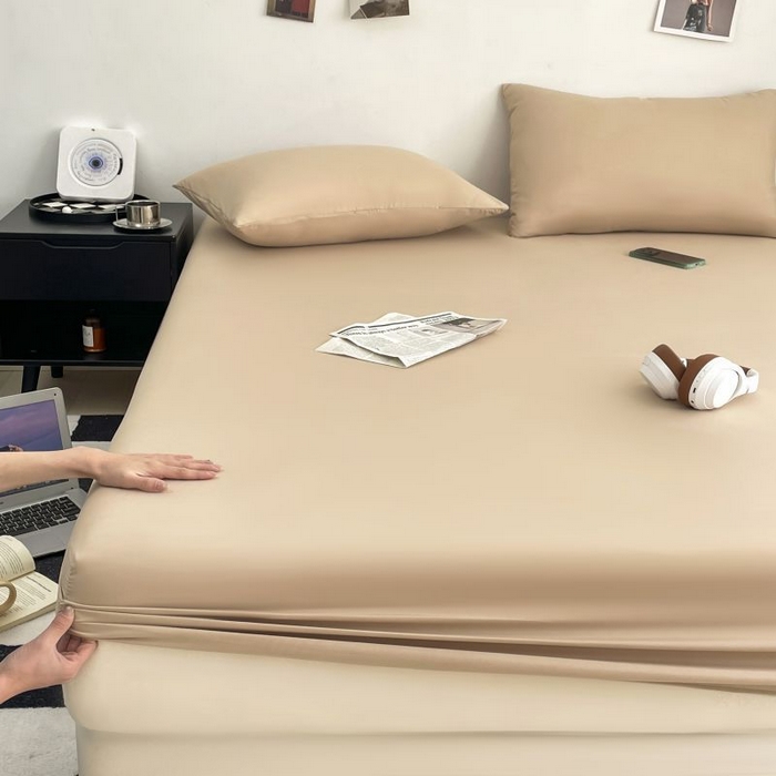 91家纺网 家纺一手货源 找家纺 汣沐生活 2025新款简约素色云朵棉可水洗纯色床笠单件三件套 香槟