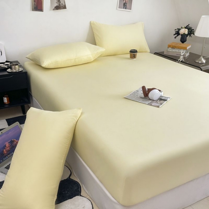 91家纺网 家纺一手货源 找家纺 汣沐生活 2025新款简约素色云朵棉可水洗纯色床笠单件三件套 麦芽黄