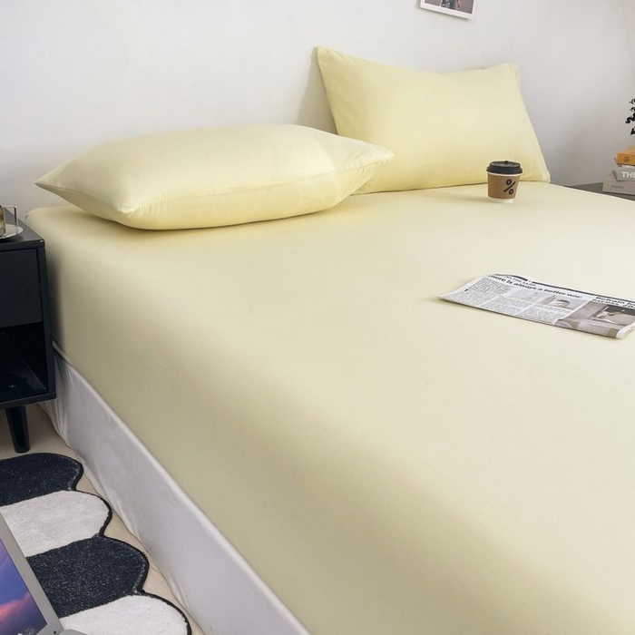 91家纺网 家纺一手货源 找家纺 汣沐生活 2025新款简约素色云朵棉可水洗纯色床笠单件三件套 麦芽黄