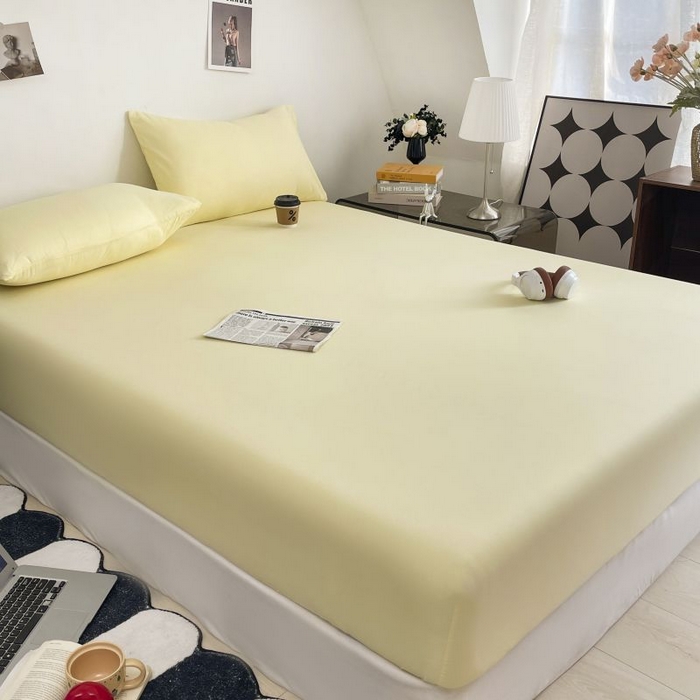 91家纺网 家纺一手货源 找家纺 汣沐生活 2025新款简约素色云朵棉可水洗纯色床笠单件三件套 麦芽黄