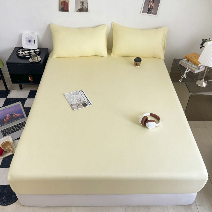 91家纺网 家纺一手货源 找家纺 汣沐生活 2025新款简约素色云朵棉可水洗纯色床笠单件三件套 麦芽黄