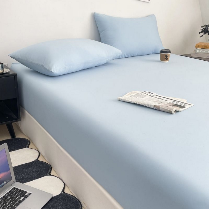 91家纺网 家纺一手货源 找家纺 汣沐生活 2025新款简约素色云朵棉可水洗纯色床笠单件三件套 冰川蓝