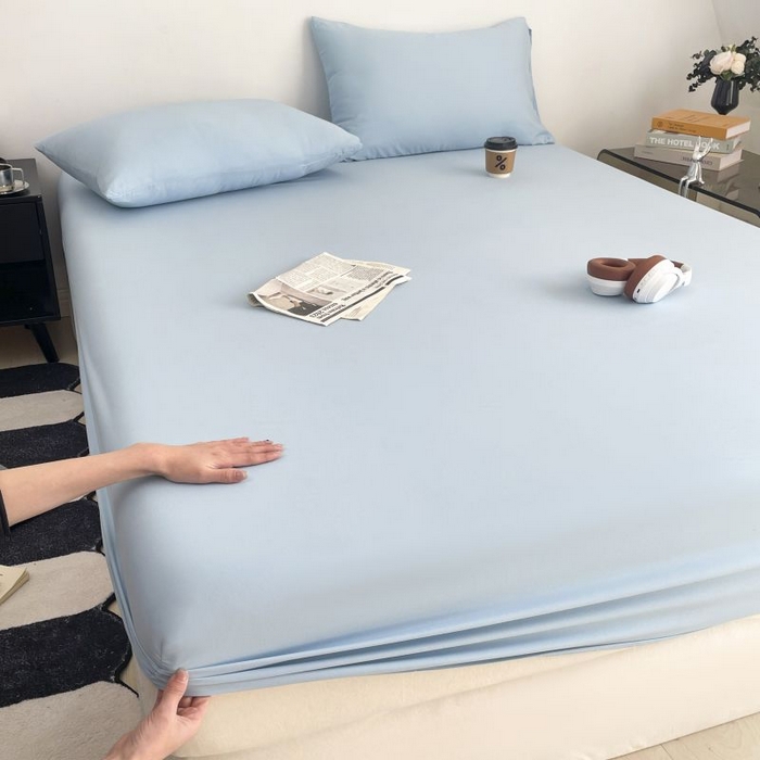 91家纺网 家纺一手货源 找家纺 汣沐生活 2025新款简约素色云朵棉可水洗纯色床笠单件三件套 冰川蓝