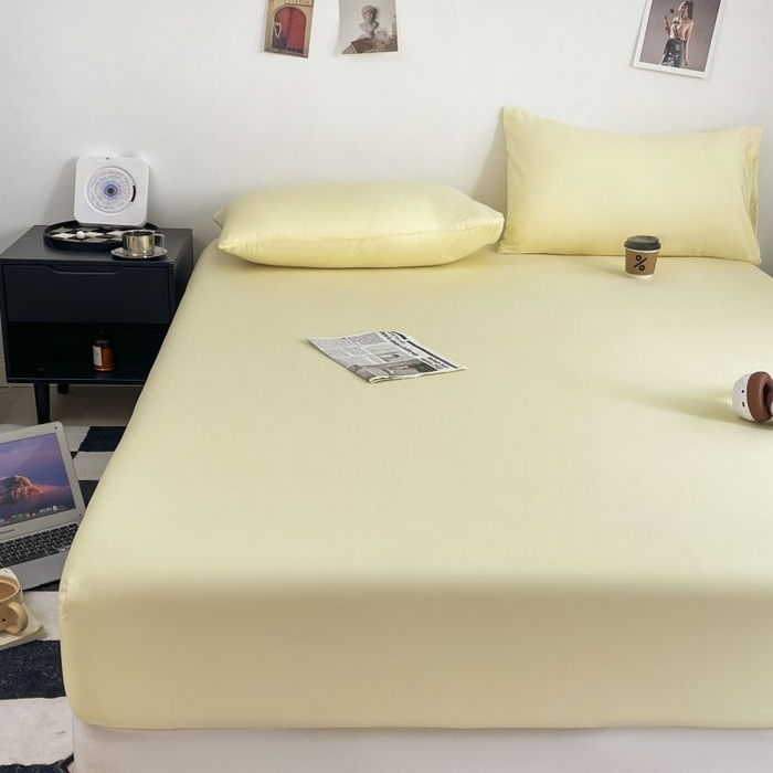 91家纺网 家纺一手货源 找家纺 汣沐生活 2025新款简约素色云朵棉可水洗纯色床笠单件三件套 麦芽黄