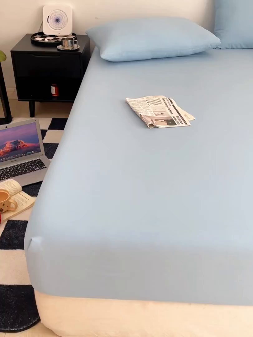 91家纺网 家纺一手货源 找家纺 汣沐生活 2025新款简约素色云朵棉可水洗纯色床笠单件三件套 冰川蓝