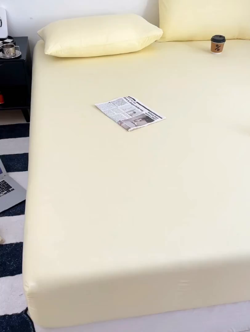 91家纺网 家纺一手货源 找家纺 汣沐生活 2025新款简约素色云朵棉可水洗纯色床笠单件三件套 麦芽黄