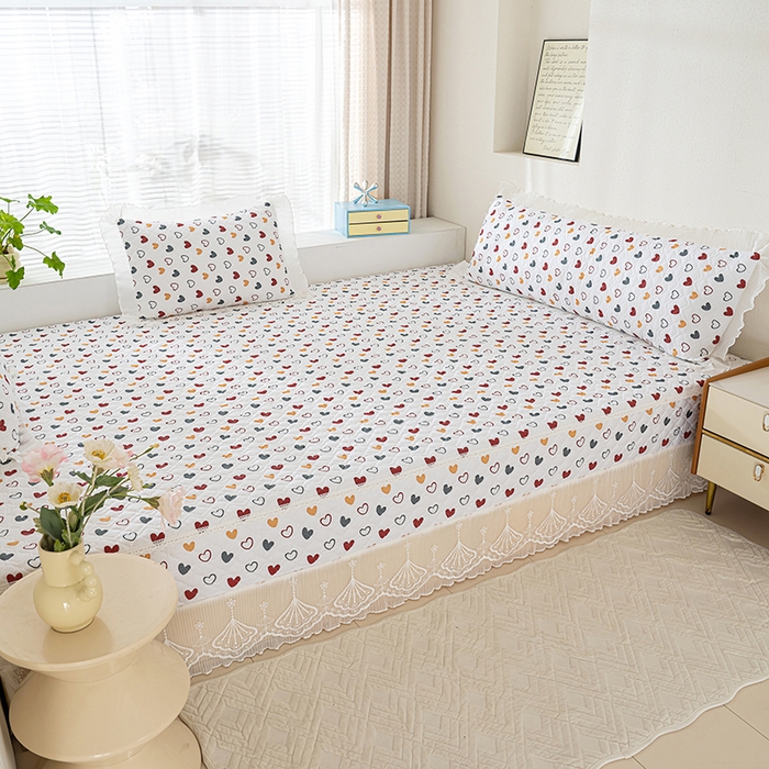 91家纺网 家纺一手货源 找家纺 冬然 2024新款全棉防滑榻榻米垫子炕垫纯棉床盖夹棉床单纯棉床单彩色爱心