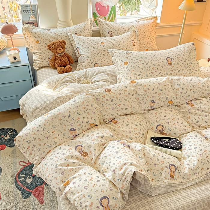 91家纺网 家纺一手货源 找家纺 卡普纯棉全棉四件套13070喷气床单款床笠款三件套 碎花兔熊