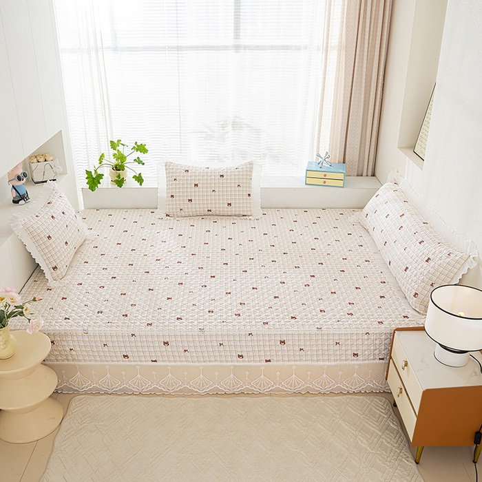 91家纺网 家纺一手货源 找家纺 冬然 2024新款全棉防滑榻榻米垫子炕垫纯棉床盖夹棉床单纯棉床单格子熊