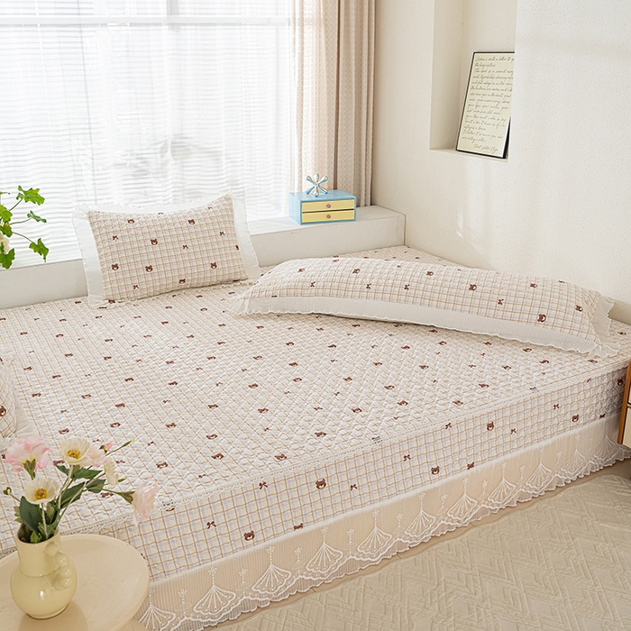 91家纺网 家纺一手货源 找家纺 冬然 2024新款全棉防滑榻榻米垫子炕垫纯棉床盖夹棉床单纯棉床单格子熊