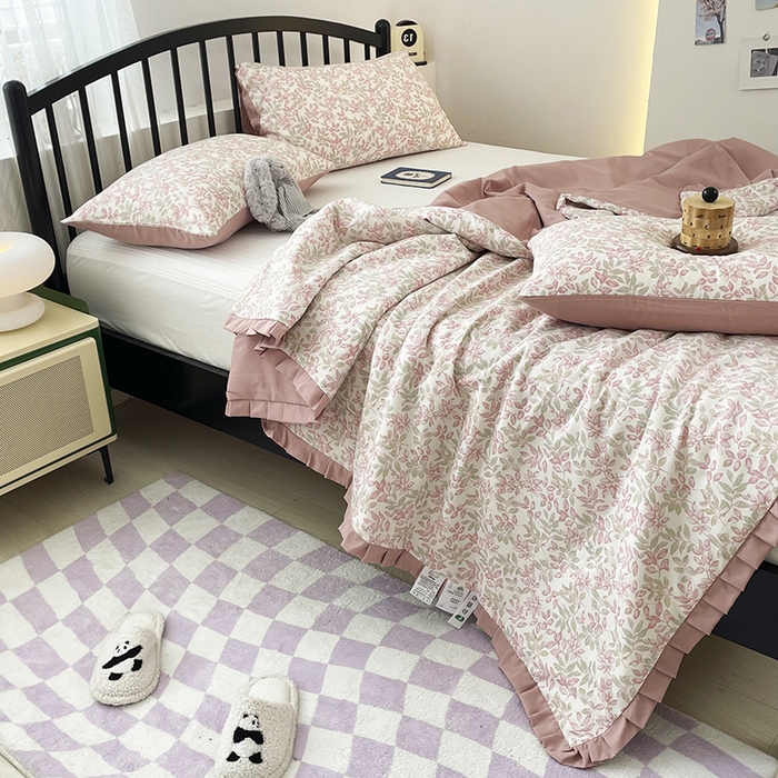 91家纺网 家纺一手货源 找家纺 汣沐生活 2025款A类针织棉双层纱夏凉被百分百新疆棉花填充空调被夏凉被四件套 初夏