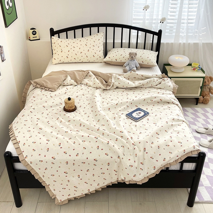 91家纺网 家纺一手货源 找家纺 汣沐生活 2025款A类针织棉双层纱夏凉被百分百新疆棉花填充空调被夏凉被四件套 春山花渡