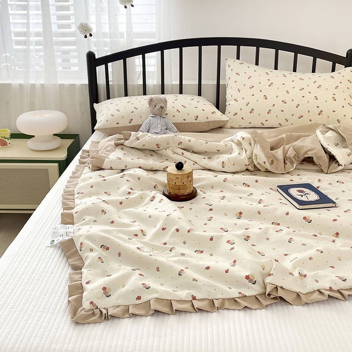 91家纺网 家纺一手货源 找家纺 汣沐生活 2025款A类针织棉双层纱夏凉被百分百新疆棉花填充空调被夏凉被四件套 春山花渡