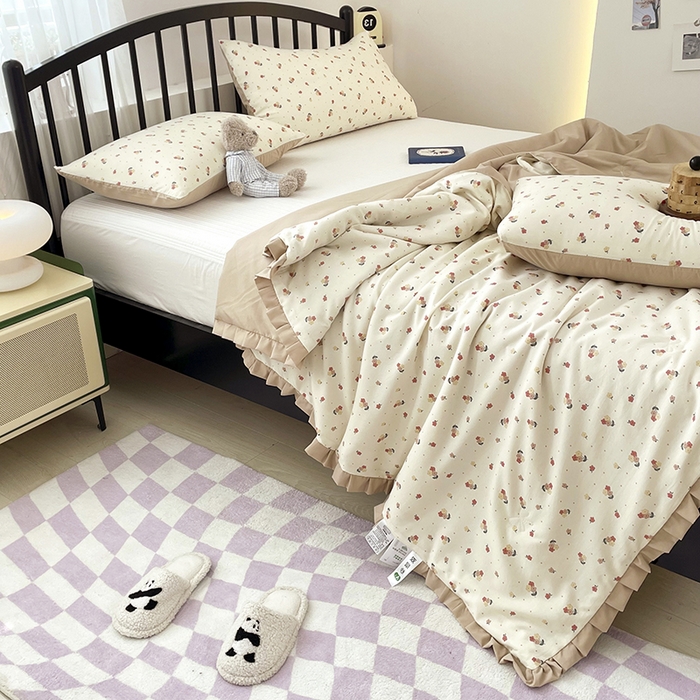 91家纺网 家纺一手货源 找家纺 汣沐生活 2025款A类针织棉双层纱夏凉被百分百新疆棉花填充空调被夏凉被四件套 春山花渡